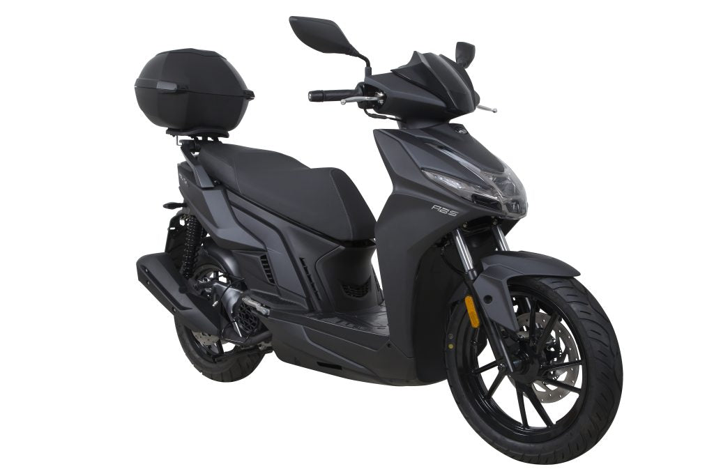 Black Kymco motorbike with top case for easy travel in Aegina