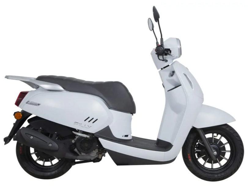 Vue de profil du scooter KYMCO Filly 50 disponible à la location à Égine chez TRUST Rental